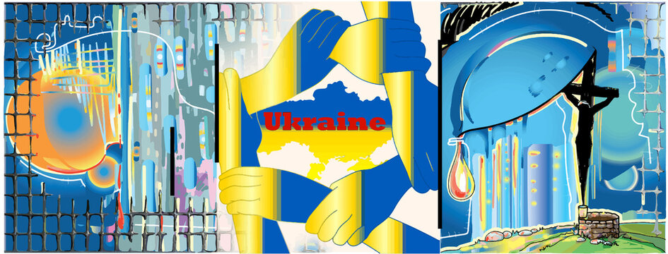 Ukraine. banner. Protection of Ukraine from Russian attack .. People's hands support Ukraine. Crucifixion of Christ