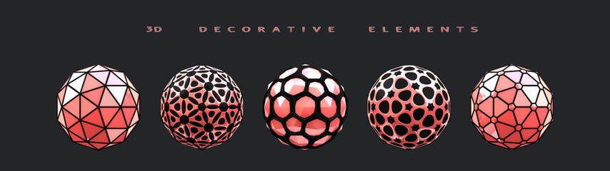 Set of 3d geometric spheres on dark background. Shapes of black and pink decorative elements for design. Isolated objects close up. 3d render
