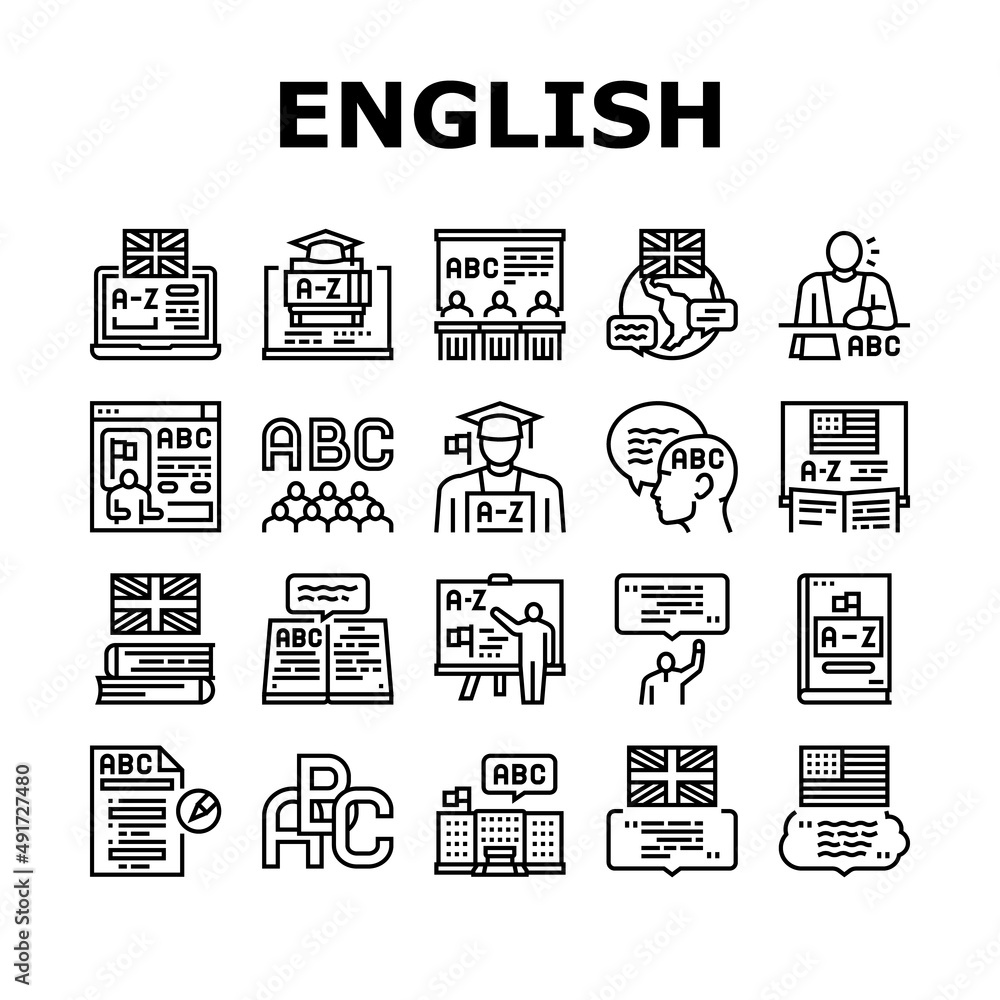 Poster english language learn at school icons set vector. british and american english student learning in 