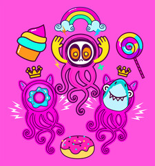 cute octopus monster character vector with sweet food