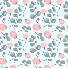 Seamless watercolor floral pattern. Composition of sprigs of eucalyptus and rosebuds on a blue background. Perfect for wedding invitations.
