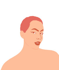 White woman with short pink hair.