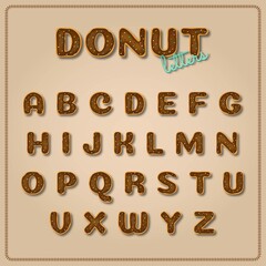 Decorative font in donut design. Alphabetical set with sweet letters in bakery donut style. Alphabet in chocolate vector design.