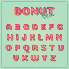 Decorative donut design font. Alphabetical set with sweet lettering in bakery donut style. Children's alphabet pink vector design.