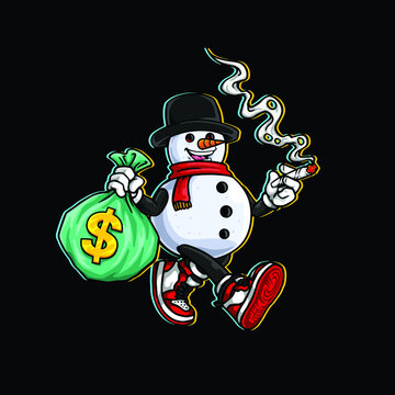 snowman hold money bag and smoking joint weed cannabis bud flower marijuana and walk relax happy face