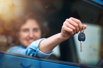Whos up for a drive. Shot of a happy young woman holding the keys to a new car.