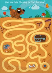 Can you help the dog to find the bone? Maze illustration for children.