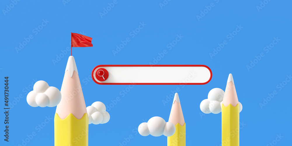 Poster minimal background for online education concept. search bar with pencil, red flag and white cloud on