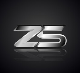 Modern Initial logo 2 letters Silver Metal Chrome simple in Dark Background with Shadow Reflection ZS