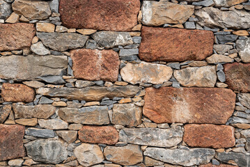 Natural stone wall background texture, showing a accurately brick-built natural stone wall with different size stones in brown and gray color