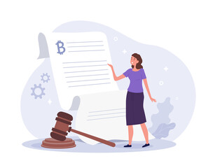 Concept of bitcoin. Girl concludes contract on Internet, security of transactions. Woman looking at piece of paper, copyright protection and laws, digital world. Cartoon flat vector illustration