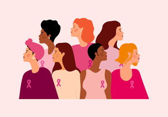 Breast cancer concept. Crowd of girls on poster or banner, international holidays, reminder of importance of taking care of health. Women with pink ribbons on chests. Cartoon flat vector illustration