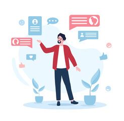 Business speaker concept. Successful speaker, orator, public speaking and motivational trainings. Company development and motivation. Internet and online courses. Cartoon flat vector illustration