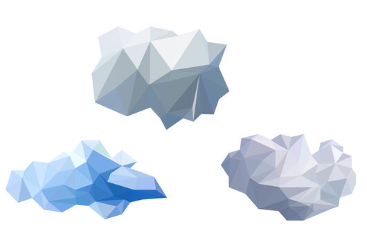 white cloud polygon icon vector set, low poly, geometric and trianlge design , modelling digital object shape.