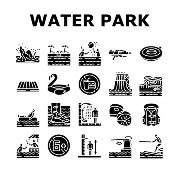 Water Park Attraction And Pool Icons Set Vector. Water Park Restaurant And Bar, Inflatable Swim Vest And Lifebuoy, Trampoline Mattress. Swimming And Enjoying Time Glyph Pictograms Black Illustration