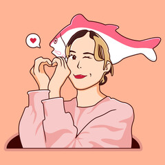 Cute Girl Character wearing Fish Hat with the feeling of Love. Flat Cartoon Style