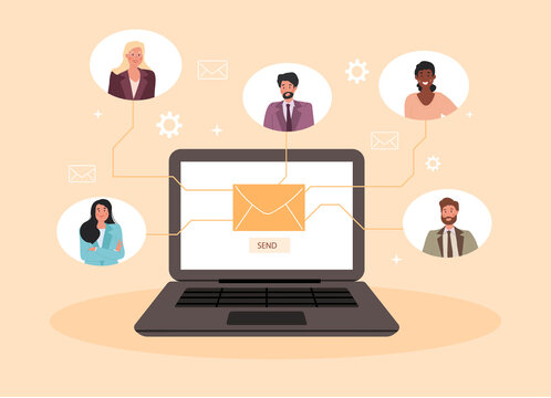 Running email campaign. Business correspondence and mailing to users, promotion of goods on Internet and reminding customers about discounts and great offers. Cartoon flat vector illustration