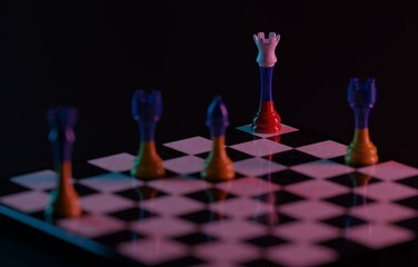 Chess in the colors of Ukraine and Russia on dark background, checkmate. The concept of defense of Ukraine. Russia's fight against Ukraine. The war in Ukraine. 3D render, 3D illustration.