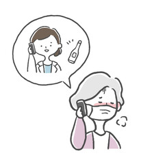 高熱で保健所に電話するシニア女性