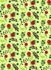 Seamless pattern with flowers and leaves in the paper cut style on the beige background