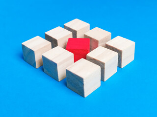Diversity, individuality or difference concept. Wooden cubes with red color at the center against blue background.