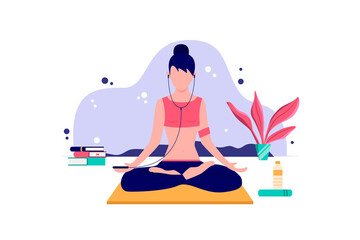 Woman sitting for meditation illustration. Woman doing yoga at home and listening music vector illustration.