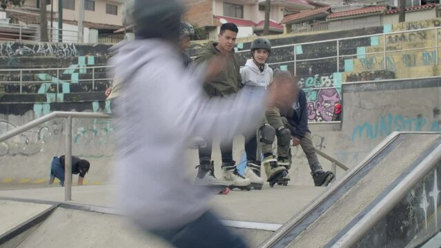 group of rollerbladers at skatepark