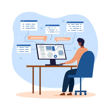 Young programmer at computer. Man writes code for program or interface for site. Program development, freelancer and coworking. Remote worker fixes technical problems. Cartoon flat vector illustration