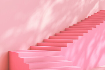Pink stair and sun shade tropical plants on the wall, abstract background. 3d rendering