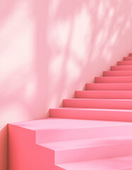 Pink stair and sun shade tropical plants on the wall, abstract background. 3d rendering