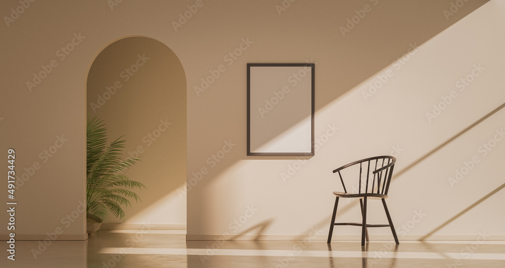 Poster single poster frame in an empty room under warm sunshine and sharp shadows. picture frame with a sin