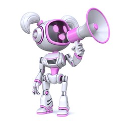 Cute pink girl robot with megaphone 3D