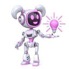 Obraz na płótnie Canvas Cute pink girl robot with light bulb have an idea 3D