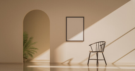 Single poster frame in an empty room under warm sunshine and sharp shadows. Picture frame with a single chair and exotic plant, 3d Rendering