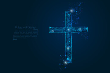 Abstract isolated image christian cross. Polygonal low poly style illustration looks like stars in the blask night sky in spase or flying glass shards. - obrazy, fototapety, plakaty
