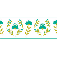 Decorative border with blue flowers and leaves. Floral frame. Vector illustration. For use in postcards, invitations, leaflets and flyers, invitations.