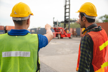 foreman team are working at container yard, logistic cargo warehouse for industrial shipping