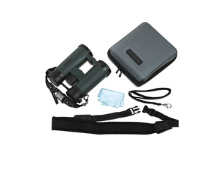 The binoculars are dark grey. A modern device for observing objects at a long distance. Isolate on a white background.