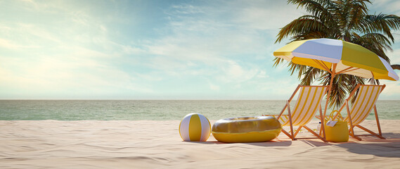 3D Render. View of beach in summer holidays concept - obrazy, fototapety, plakaty