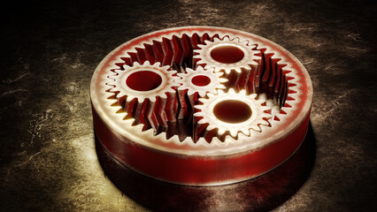 planetary gear mechanism - red painted metallic double helical gears with worn edges on a scratched metallic surface