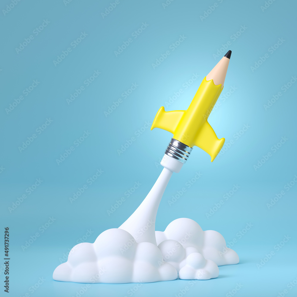 Aufkleber minimal background for online education concept. launching pencil rocket on blue background. 3d rend
