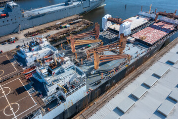 Aerial view of two merchant marine ships in port