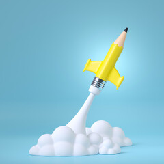 Minimal background for online education concept. Launching pencil rocket on blue background. 3d rendering illustration. Clipping path of each element included.