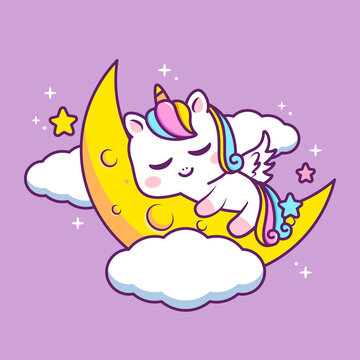 cute unicorn sleeping in the moon