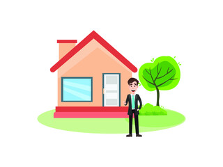 House and man Vector Cartoon illustration. Home Symbol. Beautiful emblem isolated on White Background Flat style for Graphic and Web Design, Print Design