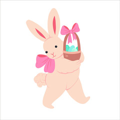 Spring Easter Rabbit with Baw and Wicker Basket full of Eggs. Hand drawn Cartoon character rabbit. Vector illustration