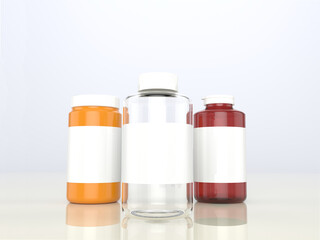 Photo realistic 3d render of various pharmacy bottle with blank label isolated in white background