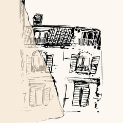 View from the window on the town. Pencil drawing illustration. Design for card, logo, posters, invitation, web and print use