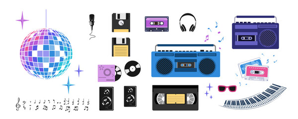 Retro set of musical elements in the style of the eighties. Disco ball, tape recorder, tape cassettes, video cassette, headphones, notes and the like. Disco, party in vintage style. Vector.