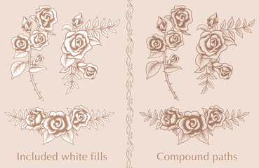 Rose flower decoration set - line art, vintage style, These are composed of compound paths or Included white fills